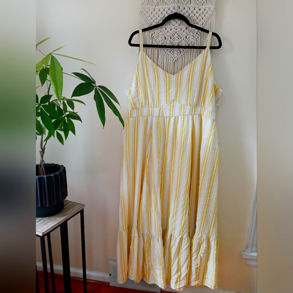 Torrid yellow and white striped maxi dress.